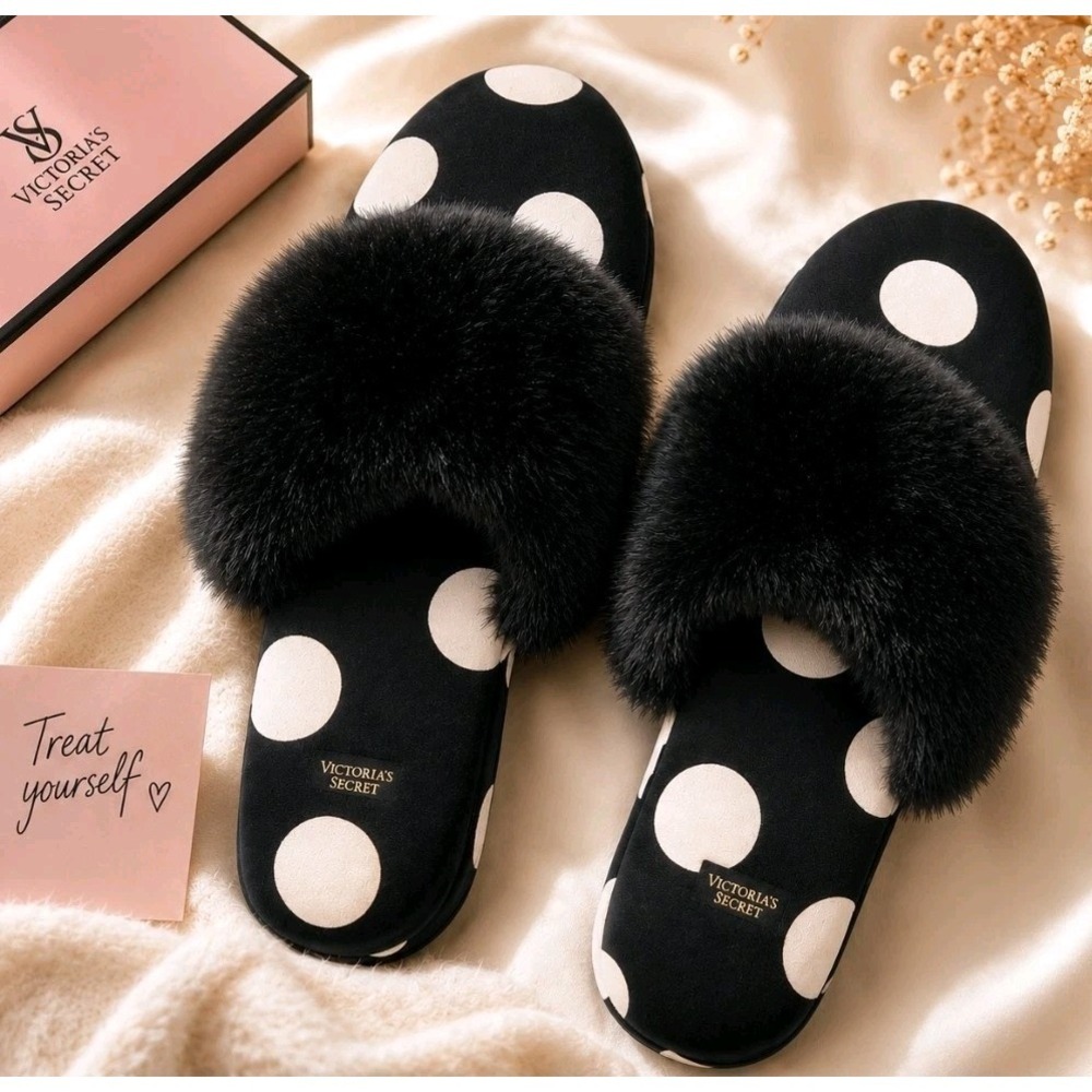 Victoria's Secret Satin Slippers Black & White Polka Dot Faux Fur Trim SIZE S